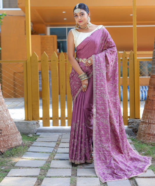 Function Wear Floral Design Pink Color Saree