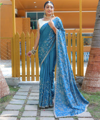 Function Wear Floral Design Teal Blue Color Saree