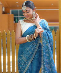 Function Wear Floral Design Teal Blue Color Saree