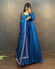 Pretty Fendy Silk Teal Blue Color Gown