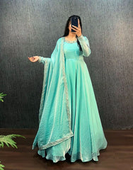Pretty Fendy Silk Aqua Blue Color Gown