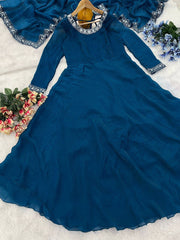 Pretty Fendy Silk Teal Blue Color Gown