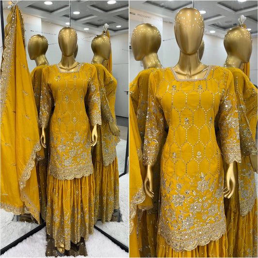 Shining Gorgeous Sequence Work Yellow Color Silk Sharara Suit