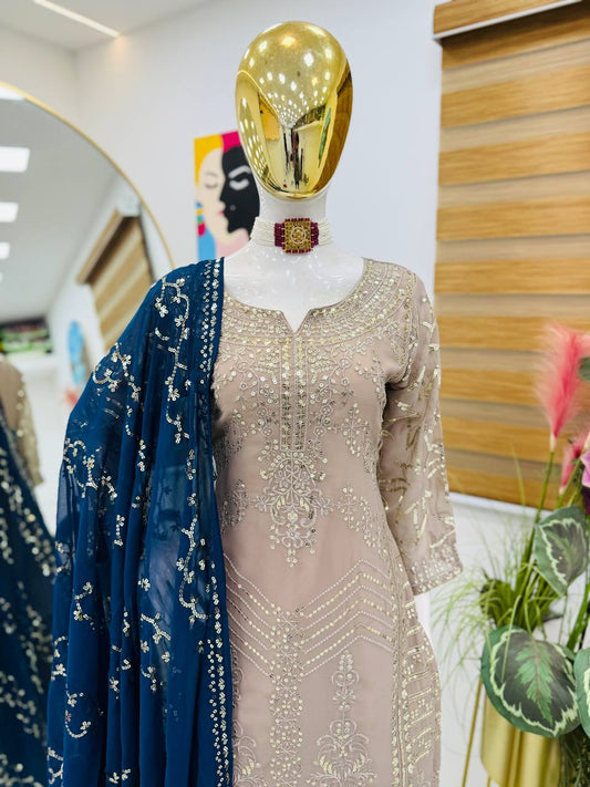 Exclusive Sequence Work Beige Color Sharara Suit With Navy Blue Dupatta