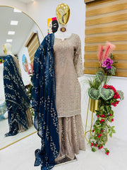 Exclusive Sequence Work Beige Color Sharara Suit With Navy Blue Dupatta