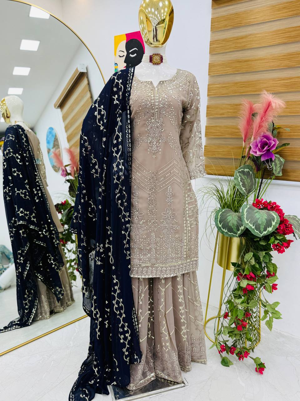 Exclusive Sequence Work Beige Color Sharara Suit With Black Dupatta