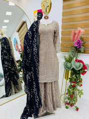 Exclusive Sequence Work Beige Color Sharara Suit With Black Dupatta