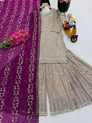 Exclusive Sequence Work Beige Color Sharara Suit With Wine Dupatta