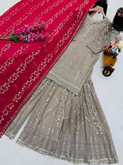 Exclusive Sequence Work Beige Color Sharara Suit With Pink Dupatta