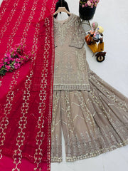 Exclusive Sequence Work Beige Color Sharara Suit With Pink Dupatta