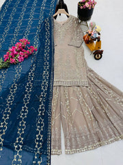 Exclusive Sequence Work Beige Color Sharara Suit With Navy Blue Dupatta