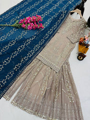Exclusive Sequence Work Beige Color Sharara Suit With Navy Blue Dupatta