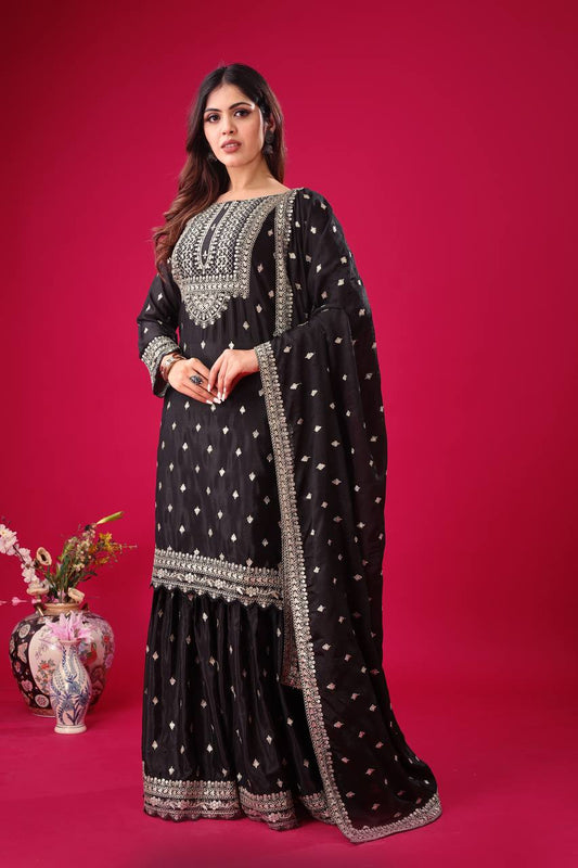Delightful Chinon Silk Black Color Sharara Suit