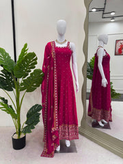 Wonderful Thread With Sequence Pink Color Gown