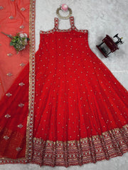 Wonderful Thread With Sequence Red Color Gown