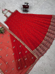 Wonderful Thread With Sequence Red Color Gown