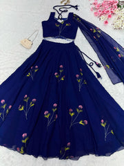 Wedding & Party Wear Georgette Blue Color Hand Paints Lehenga Choli