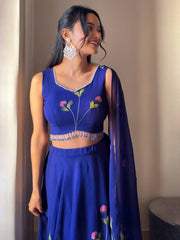Wedding & Party Wear Georgette Blue Color Hand Paints Lehenga Choli