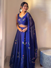 Wedding & Party Wear Georgette Blue Color Hand Paints Lehenga Choli