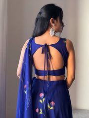 Wedding & Party Wear Georgette Blue Color Hand Paints Lehenga Choli