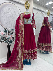 Blissful Georgette Thread Work Red Color Gown