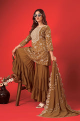 Demanding Georgette Embroidery Work Brown Color Sharara Suit