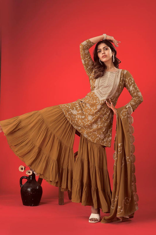 Demanding Georgette Embroidery Work Brown Color Sharara Suit