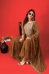 Demanding Georgette Embroidery Work Brown Color Sharara Suit