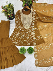 Demanding Georgette Embroidery Work Brown Color Sharara Suit