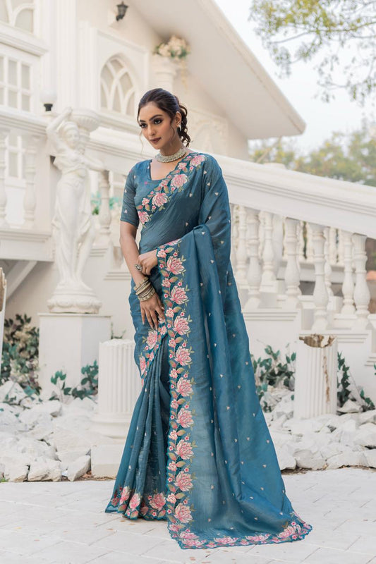 Function Wear Crush Silk Teal Blue Color Saree