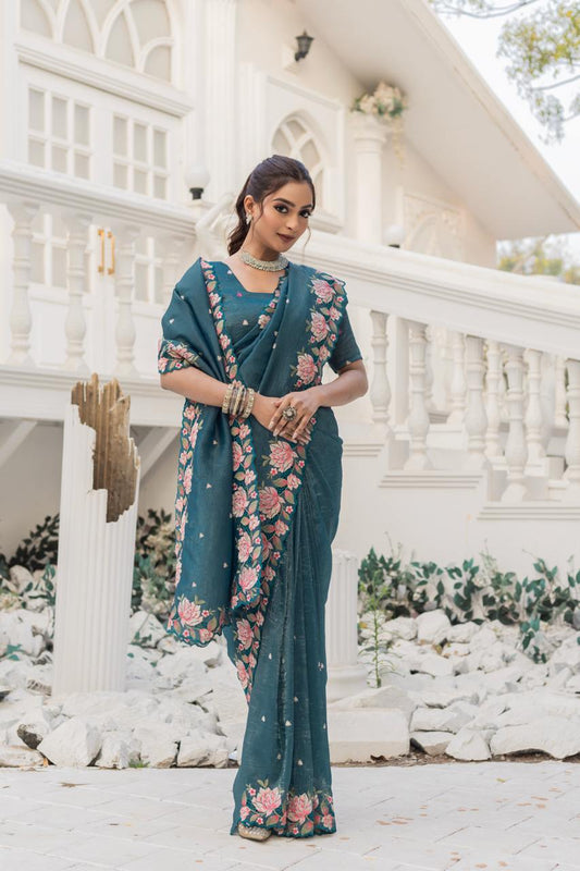 Function Wear Crush Silk Teal Blue Color Saree