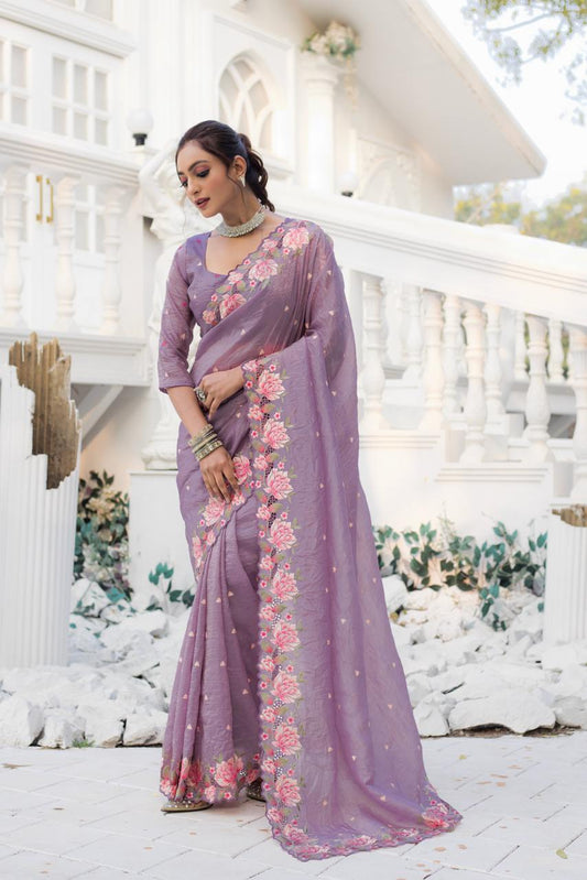 Function Wear Crush Silk Lavender Color Saree