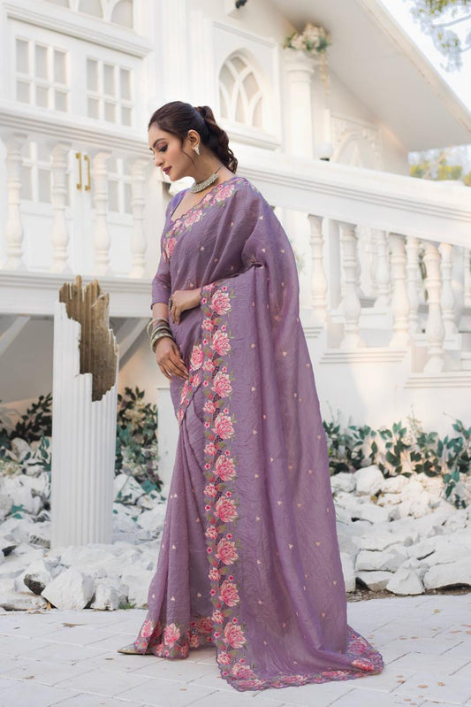 Function Wear Crush Silk Purple Color Saree