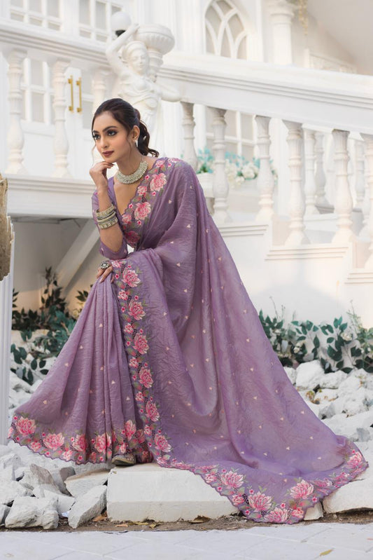 Function Wear Crush Silk Purple Color Saree