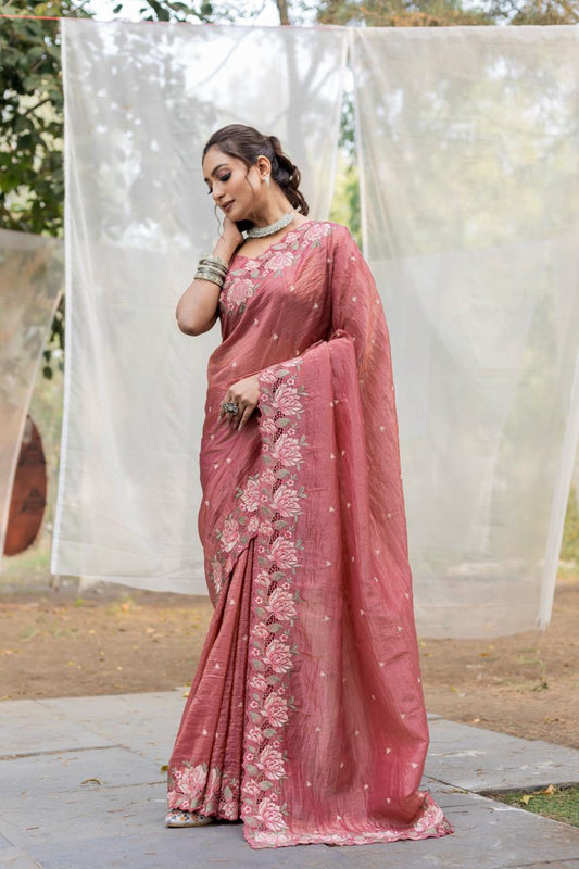 Function Wear Crush Silk Peach Color Saree