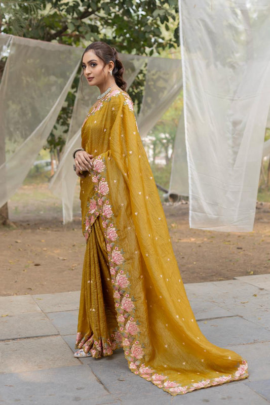 Function Wear Crush Silk Mustard Color Saree