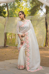 Function Wear Crush Silk White Color Saree