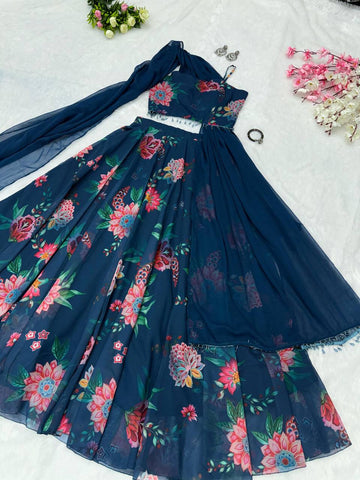 Beautiful Georgette Navy Blue Color Lehenga Choli