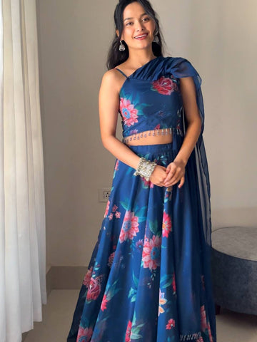 Beautiful Georgette Navy Blue Color Lehenga Choli