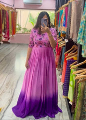 Glossy Pink Color Chinon Sequence Work Gown