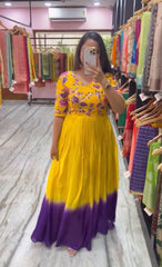 Glossy Yellow Color Chinon Sequence Work Gown