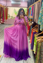 Glossy Pink Color Chinon Sequence Work Gown