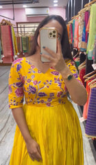 Glossy Yellow Color Chinon Sequence Work Gown