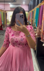 Glossy Light Pink Color Chinon Sequence Work Gown