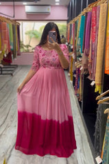 Glossy Light Pink Color Chinon Sequence Work Gown