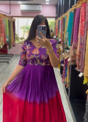 Glossy Purple Color Chinon Sequence Work Gown