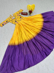 Glossy Yellow Color Chinon Sequence Work Gown