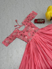 Glossy Light Pink Color Chinon Sequence Work Gown