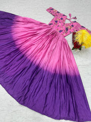 Glossy Pink Color Chinon Sequence Work Gown