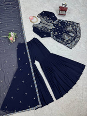 Fantastic Georgette Navy Blue Color Sharara Suit